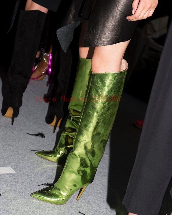 패션 패션 쇼 여성의 지적 발가락 부츠 섹시한 새로운 순수한 녹색 보라색 지퍼 무릎 부츠 스틸 레토 부츠 크기 43 44